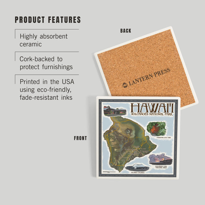 Hawaii Volcanoes National Park, Map of Hawaii, Coasters Coasters Lantern Press