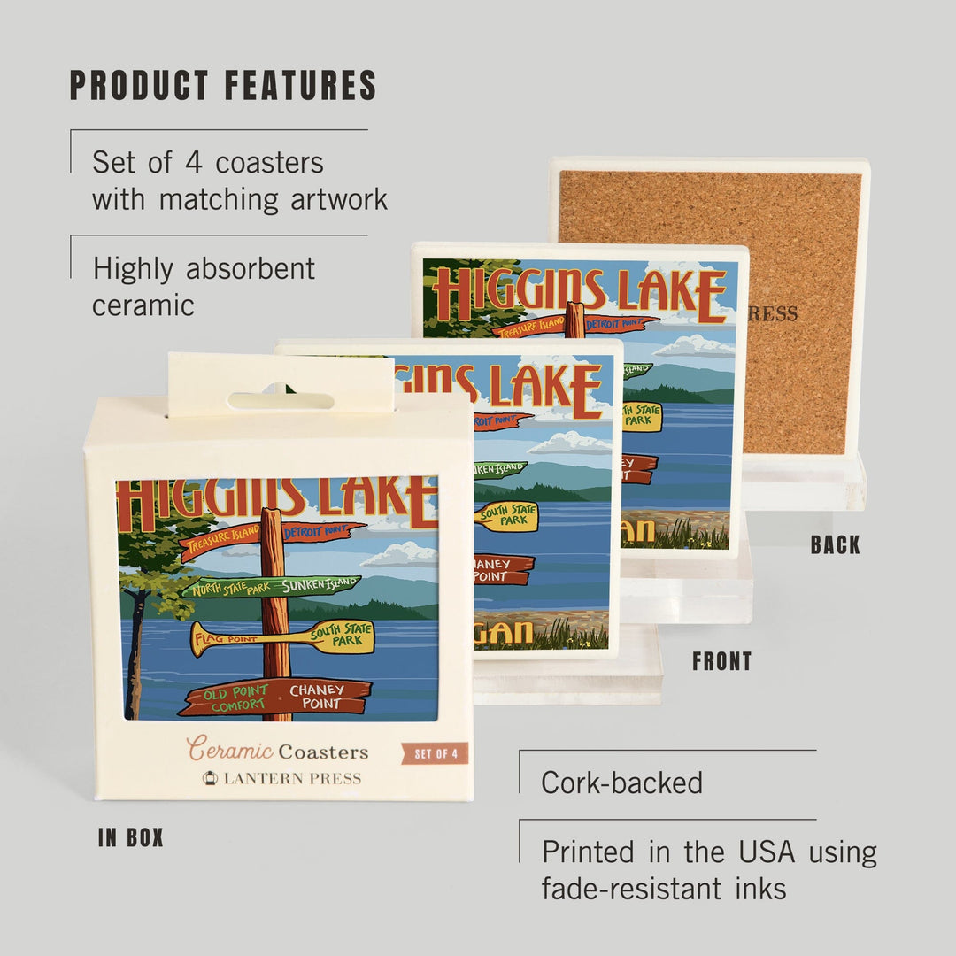 Higgins Lake, Michigan, Destinations Sign, Coasters Coasters Lantern Press
