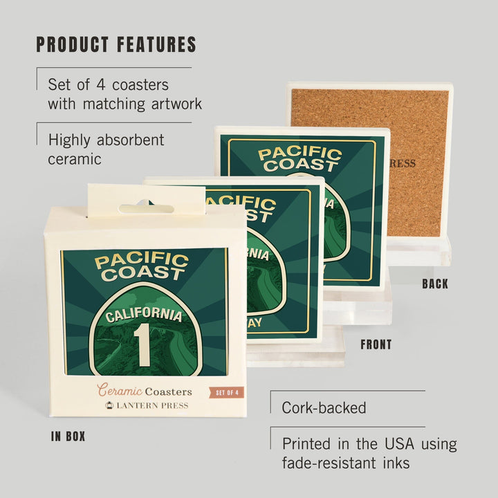 Highway 1, California, Pacific Coast Highway Sign, Coasters Coasters Lantern Press