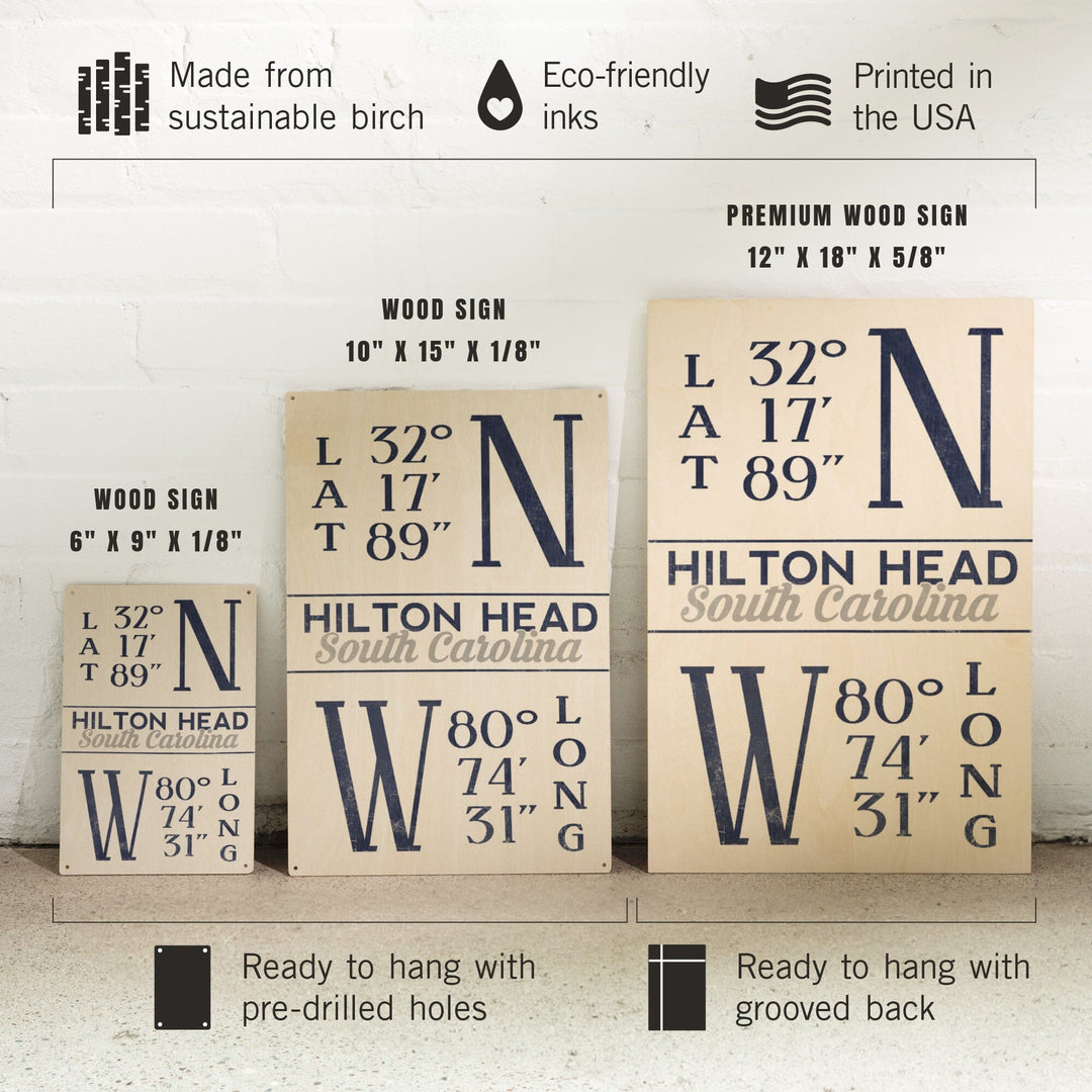 Hilton Head, South Carolina, Latitude & Longitude (Blue), Lantern Press Artwork, Wood Signs and Postcards - Lantern Press