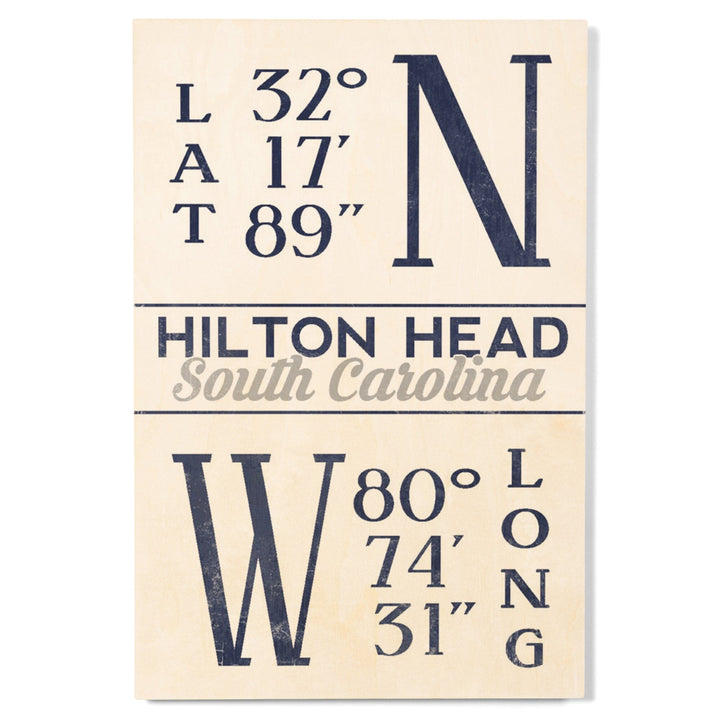 Hilton Head, South Carolina, Latitude & Longitude (Blue), Lantern Press Artwork, Wood Signs and Postcards - Lantern Press