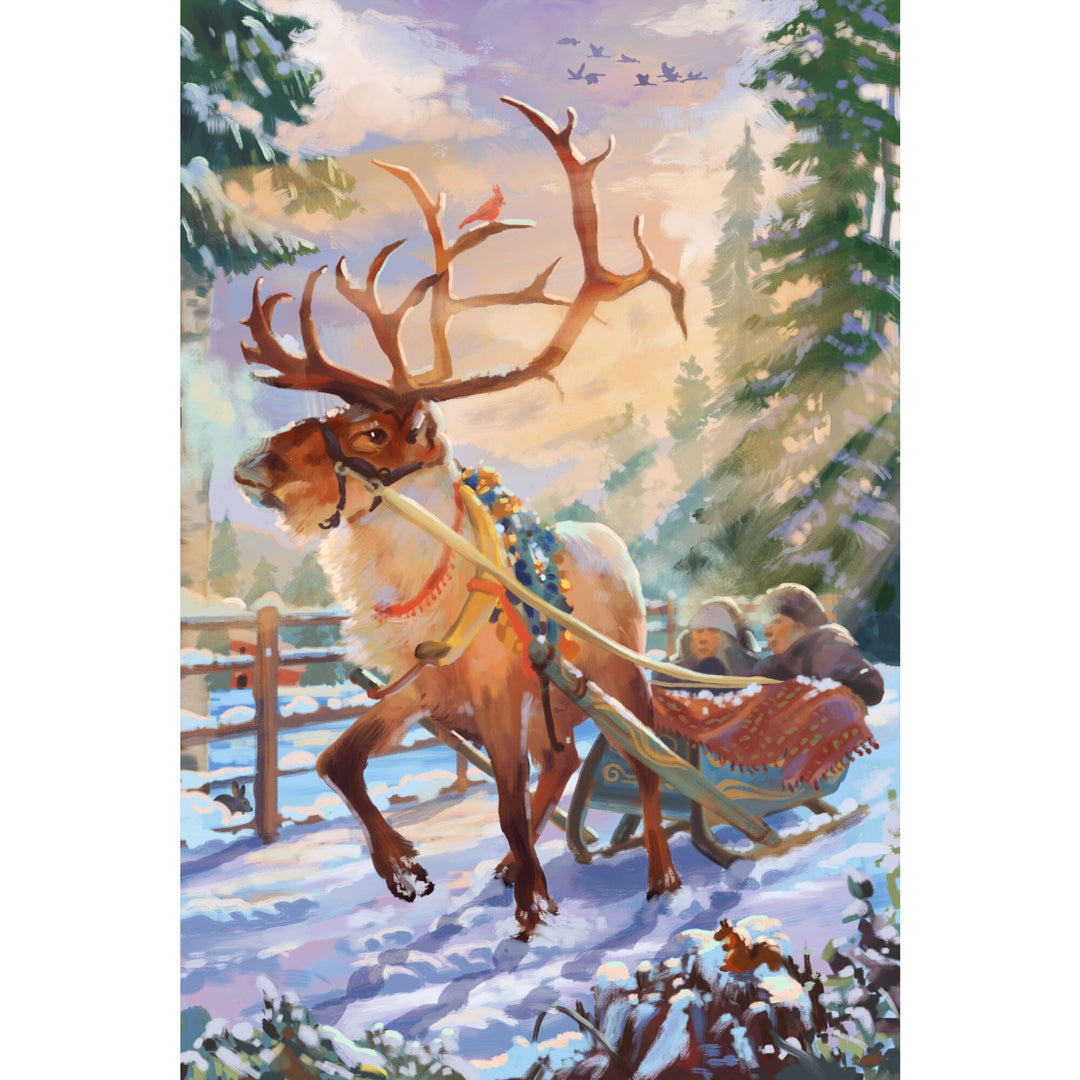 Holiday Tradition, Reindeer Sleigh Ride Through Mountain Snow, Organic Cotton Kitchen Tea Towels Kitchen Lantern Press