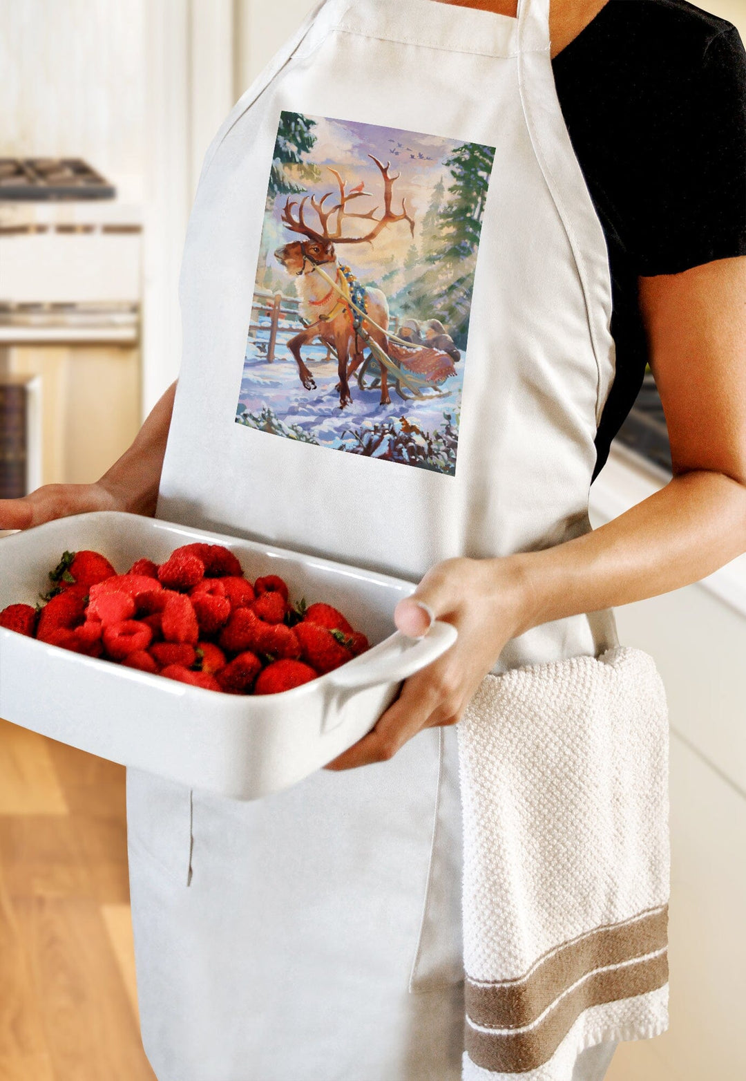 Holiday Tradition, Reindeer Sleigh Ride Through Mountain Snow, Organic Cotton Kitchen Tea Towels Kitchen Lantern Press