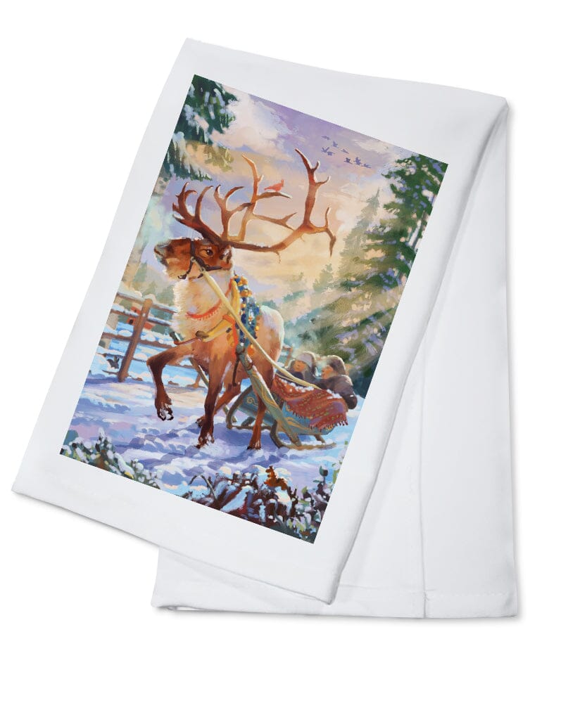 Holiday Tradition, Reindeer Sleigh Ride Through Mountain Snow, Organic Cotton Kitchen Tea Towels Kitchen Lantern Press