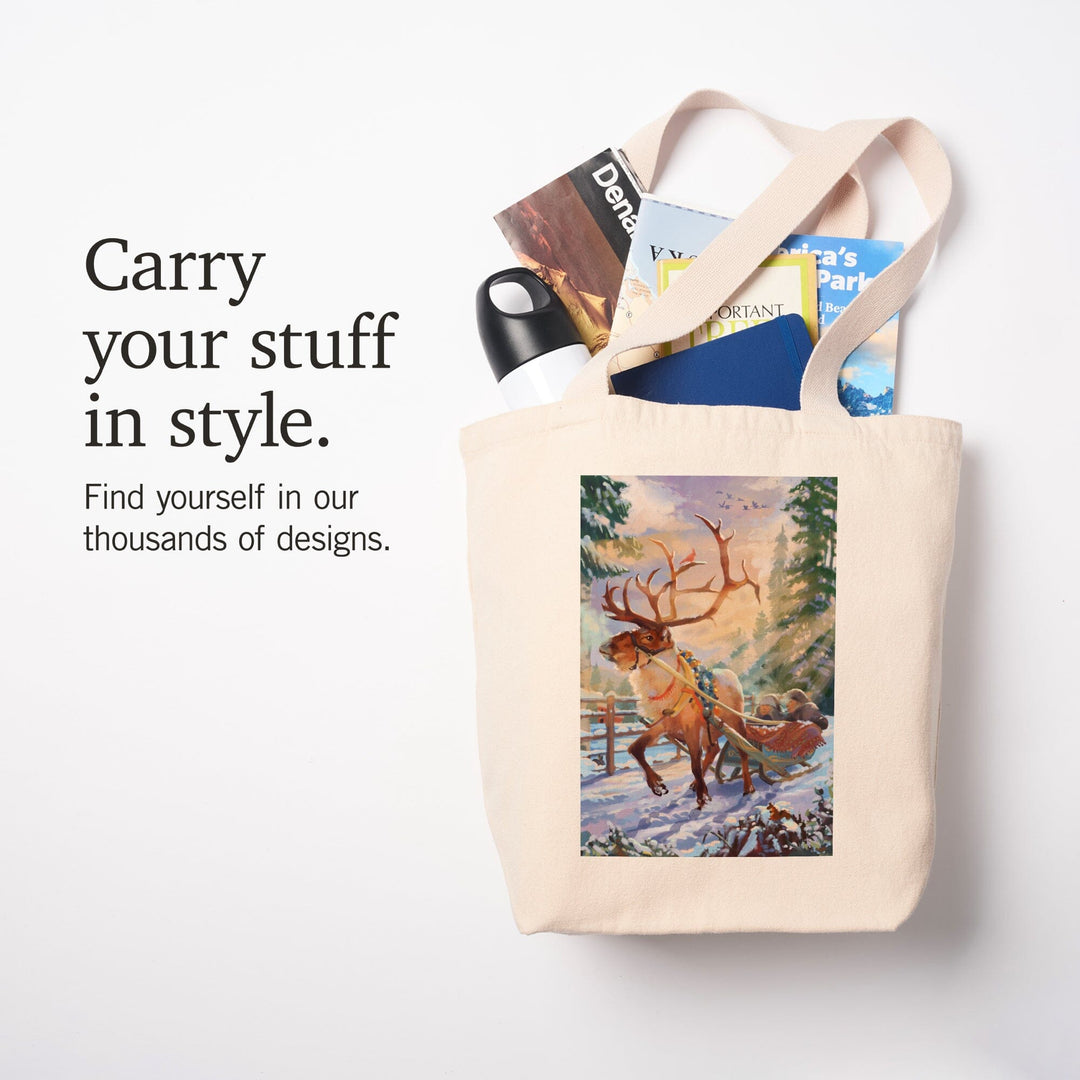 Holiday Tradition, Reindeer Sleigh Ride Through Mountain Snow, Tote Bag Totes Lantern Press