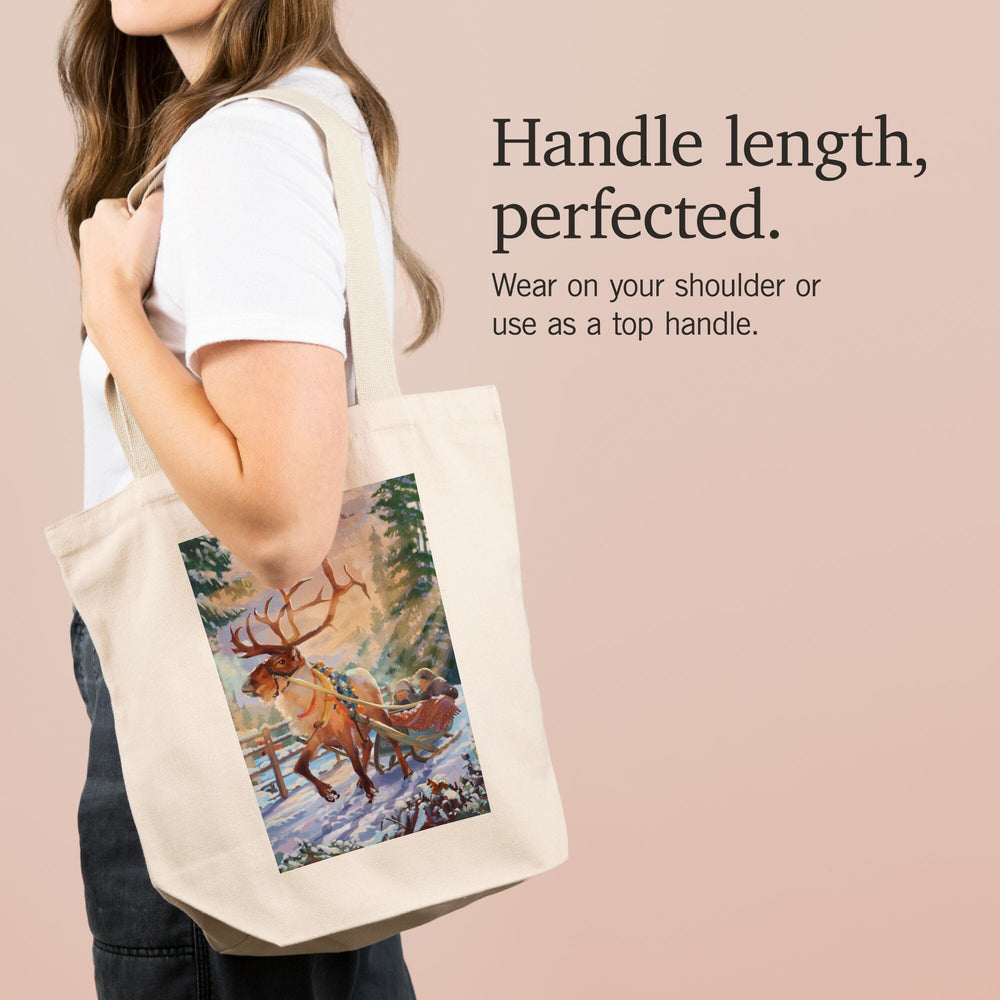Holiday Tradition, Reindeer Sleigh Ride Through Mountain Snow, Tote Bag Totes Lantern Press