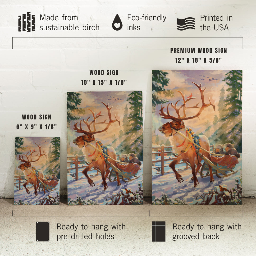Holiday Tradition, Reindeer Sleigh Ride Through Mountain Snow, Wood Signs and Postcards Wood Lantern Press