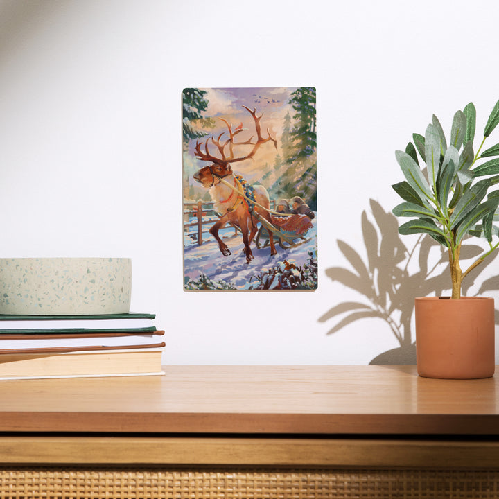 Holiday Tradition, Reindeer Sleigh Ride Through Mountain Snow, Wood Signs and Postcards Wood Lantern Press
