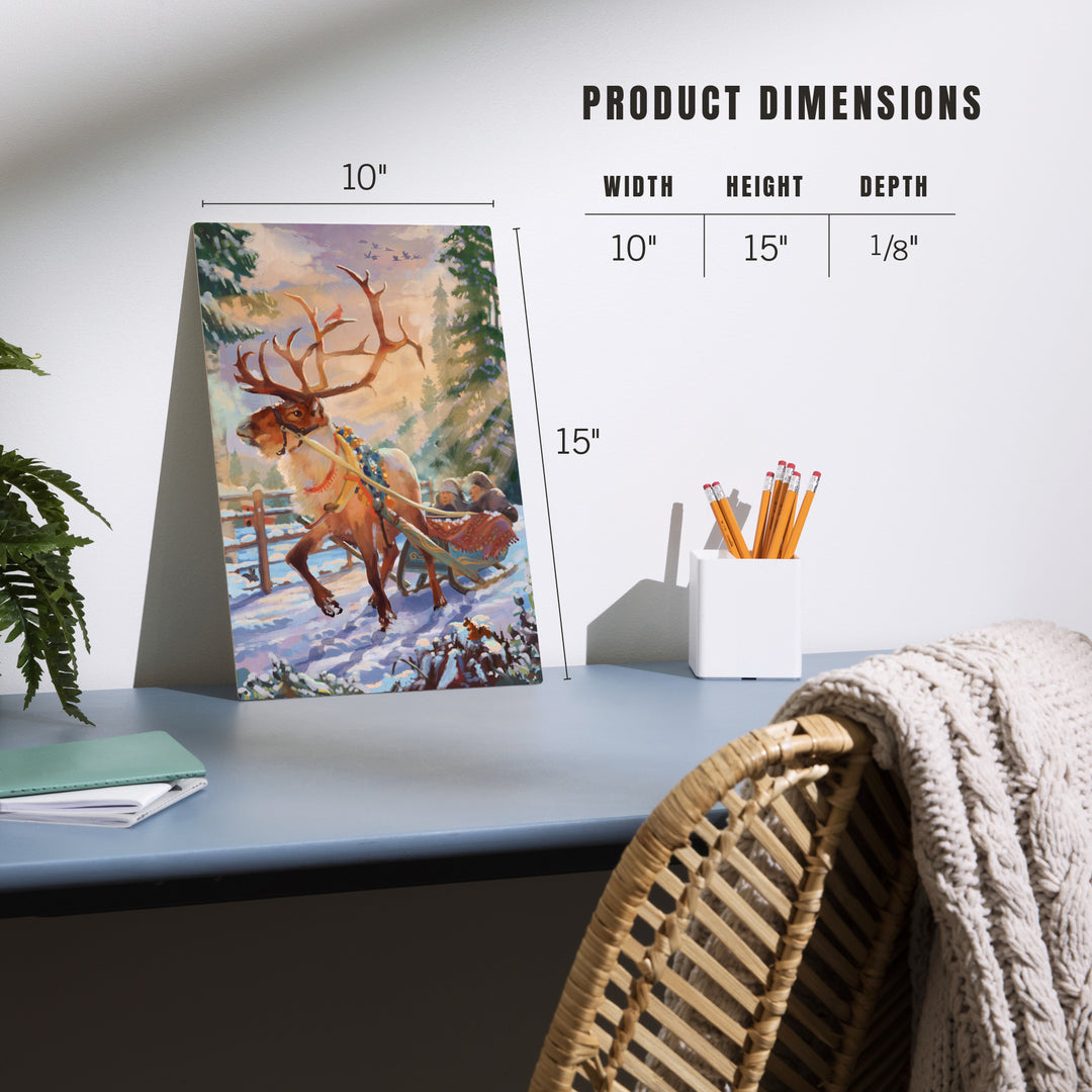 Holiday Tradition, Reindeer Sleigh Ride Through Mountain Snow, Wood Signs and Postcards Wood Lantern Press