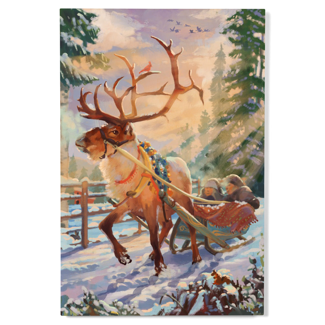 Holiday Tradition, Reindeer Sleigh Ride Through Mountain Snow, Wood Signs and Postcards Wood Lantern Press