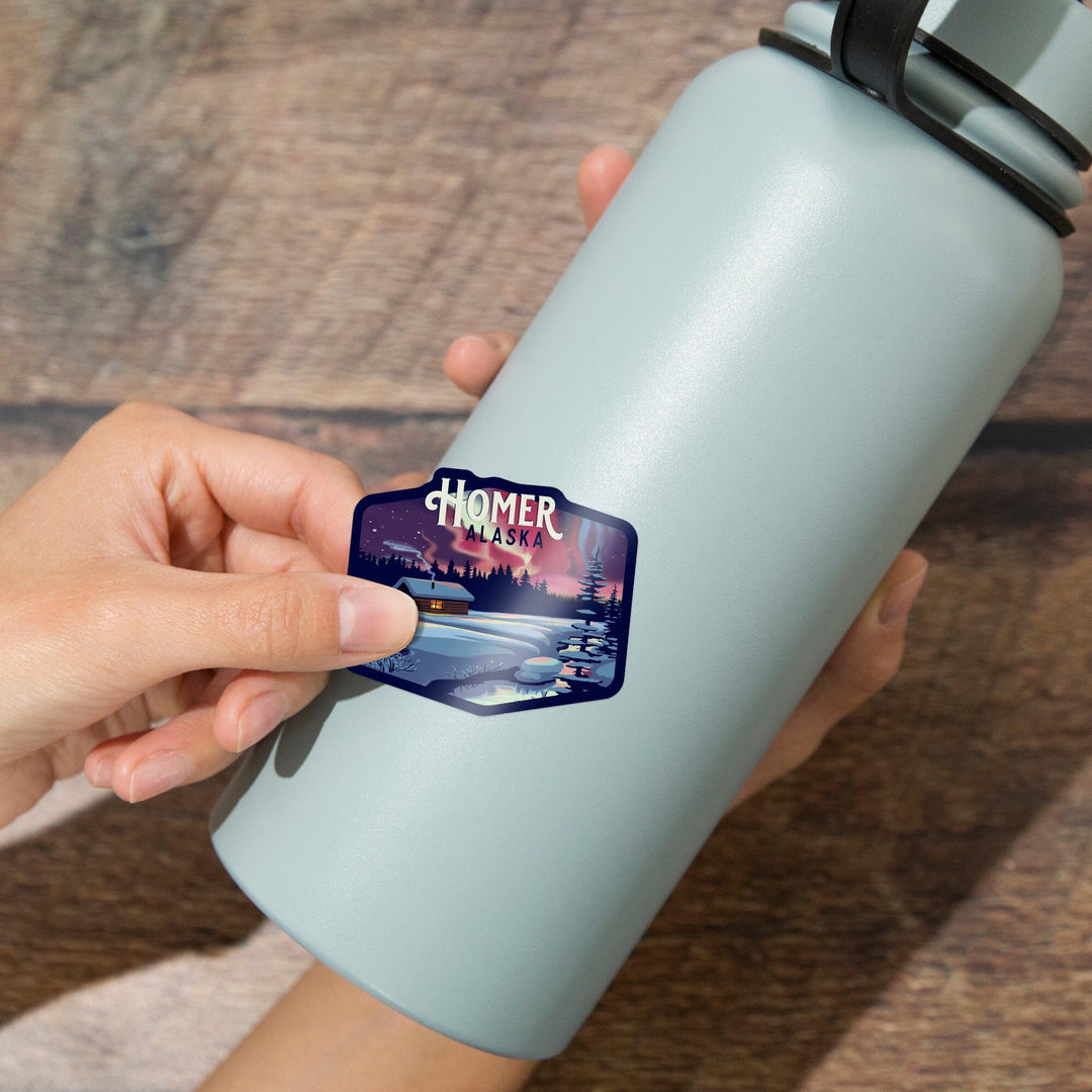 Homer, Alaska, Cabin and Snow, Northern Lights, Contour, Vinyl Sticker Sticker Lantern Press