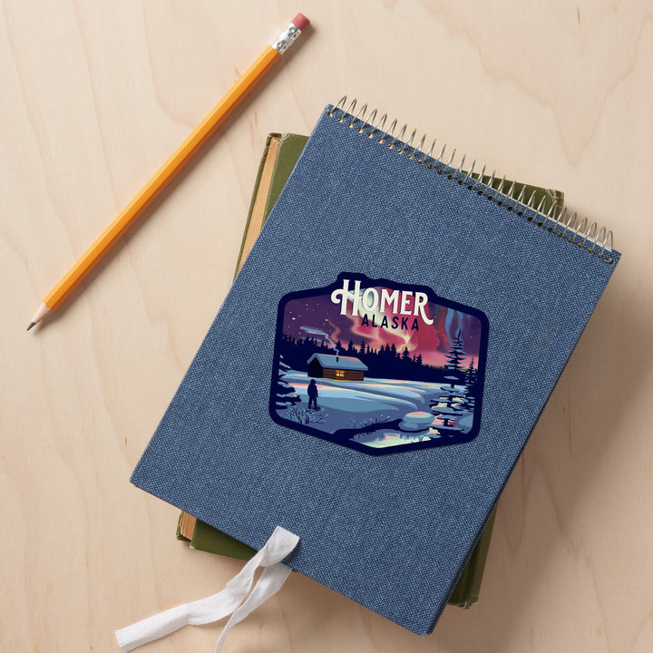 Homer, Alaska, Cabin and Snow, Northern Lights, Contour, Vinyl Sticker Sticker Lantern Press