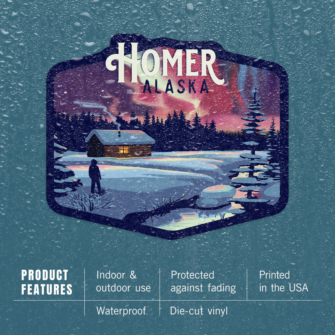 Homer, Alaska, Cabin and Snow, Northern Lights, Contour, Vinyl Sticker Sticker Lantern Press
