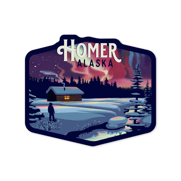 Homer, Alaska, Cabin and Snow, Northern Lights, Contour, Vinyl Sticker Sticker Lantern Press