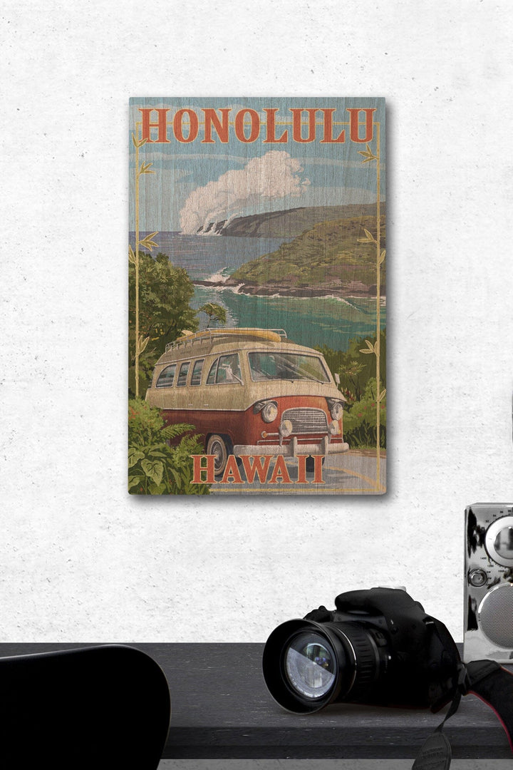 Honolulu, Hawaii, Camper Van, Lantern Press Artwork, Wood Signs and Postcards - Lantern Press
