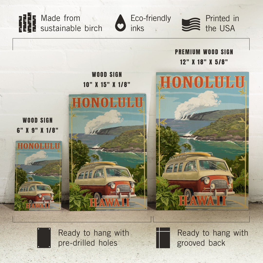 Honolulu, Hawaii, Camper Van, Lantern Press Artwork, Wood Signs and Postcards - Lantern Press