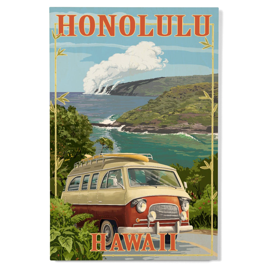 Honolulu, Hawaii, Camper Van, Lantern Press Artwork, Wood Signs and Postcards - Lantern Press