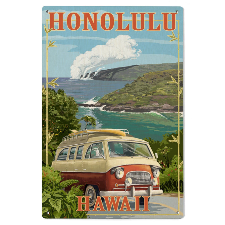Honolulu, Hawaii, Camper Van, Lantern Press Artwork, Wood Signs and Postcards - Lantern Press