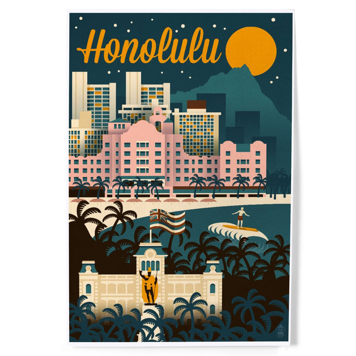 Honolulu, Hawaii, Retro Skyline, Art & Giclee Prints - Lantern Press