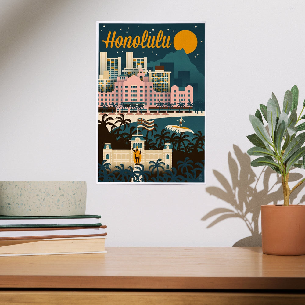 Honolulu, Hawaii, Retro Skyline, Art & Giclee Prints - Lantern Press