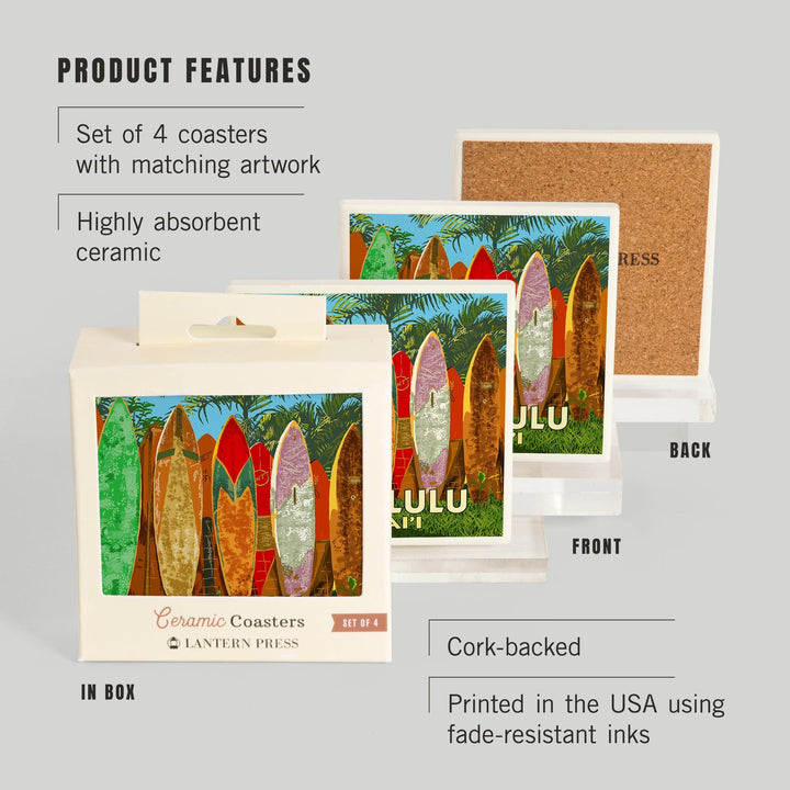 Honolulu, Hawaii, Surfboard Fence, Coasters Coasters Lantern Press