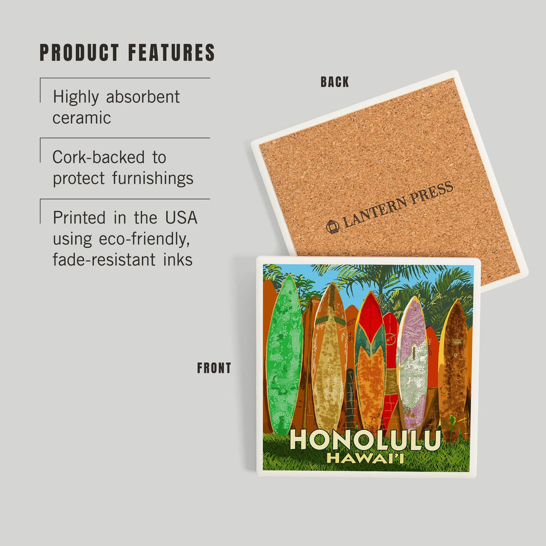 Honolulu, Hawaii, Surfboard Fence, Coasters Coasters Lantern Press