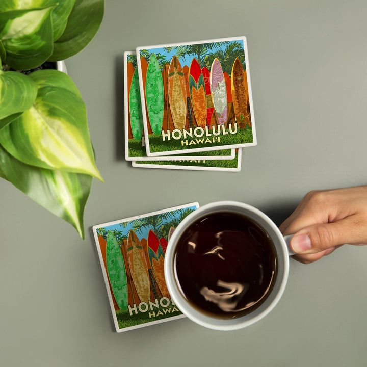Honolulu, Hawaii, Surfboard Fence, Coasters Coasters Lantern Press