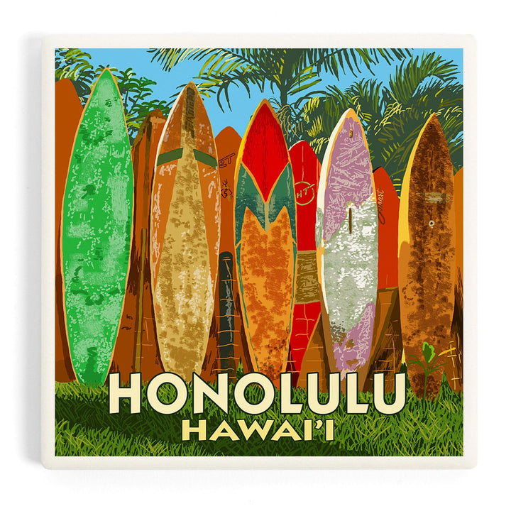 Honolulu, Hawaii, Surfboard Fence, Coasters Coasters Lantern Press Coaster