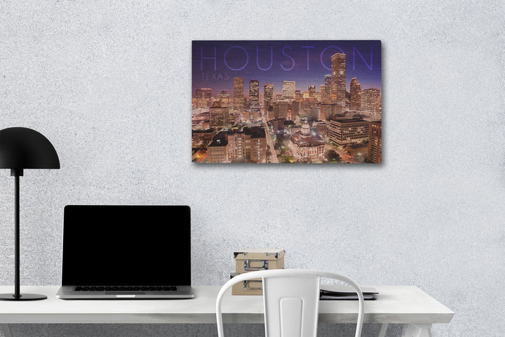 Houston, Texas, Skyline at Night, Lantern Press Photography, Wood Signs and Postcards - Lantern Press