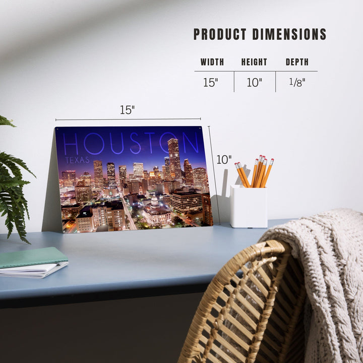 Houston, Texas, Skyline at Night, Lantern Press Photography, Wood Signs and Postcards - Lantern Press