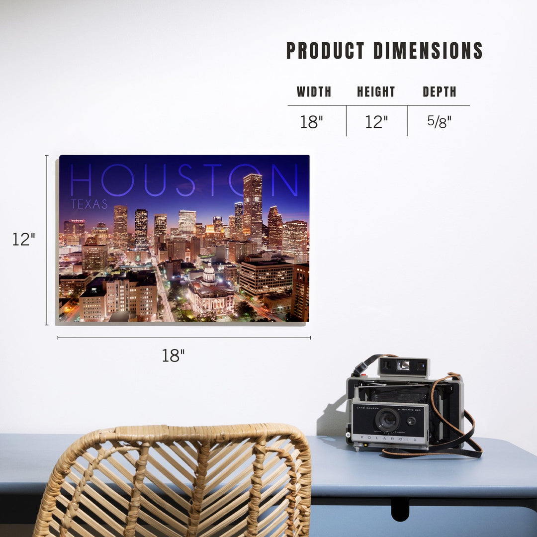 Houston, Texas, Skyline at Night, Lantern Press Photography, Wood Signs and Postcards - Lantern Press
