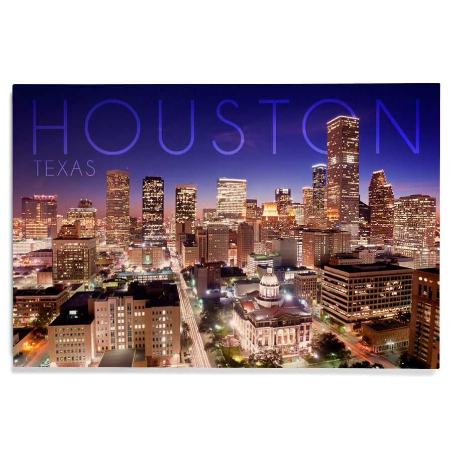 Houston, Texas, Skyline at Night, Lantern Press Photography, Wood Signs and Postcards - Lantern Press