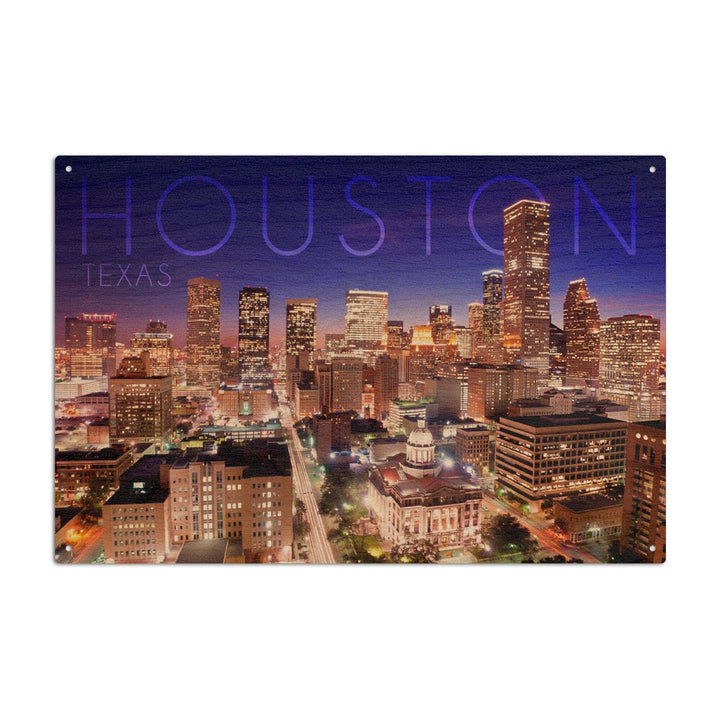 Houston, Texas, Skyline at Night, Lantern Press Photography, Wood Signs and Postcards - Lantern Press