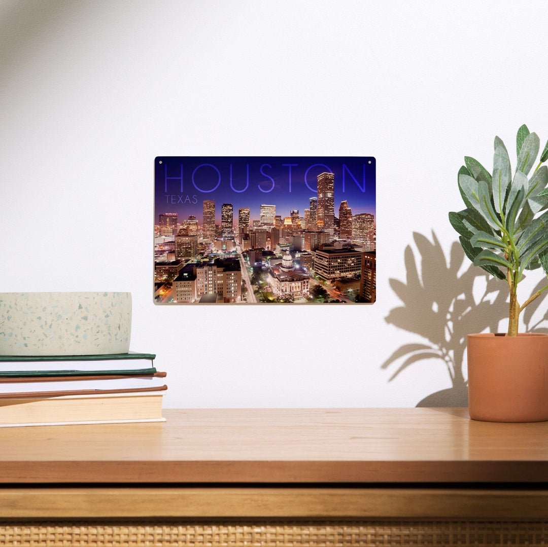 Houston, Texas, Skyline at Night, Lantern Press Photography, Wood Signs and Postcards - Lantern Press