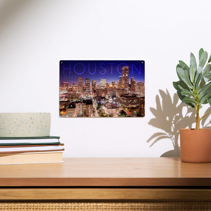 Houston, Texas, Skyline at Night, Lantern Press Photography, Wood Signs and Postcards - Lantern Press