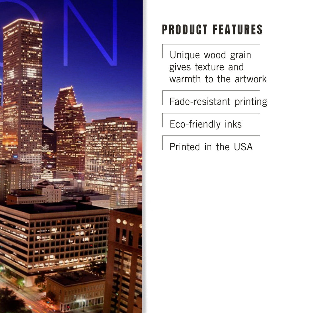Houston, Texas, Skyline at Night, Lantern Press Photography, Wood Signs and Postcards - Lantern Press