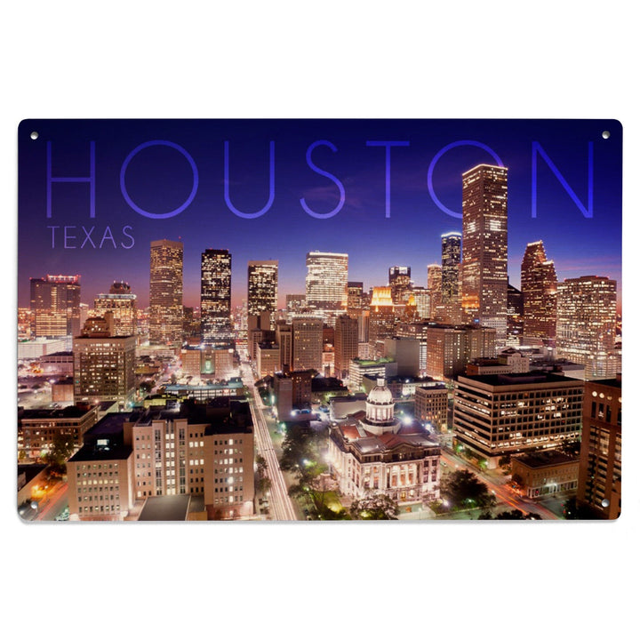 Houston, Texas, Skyline at Night, Lantern Press Photography, Wood Signs and Postcards - Lantern Press