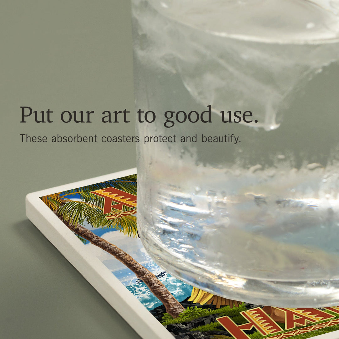 Hula Girl on Coast, Aloha Hawaii, Coasters Coasters Lantern Press