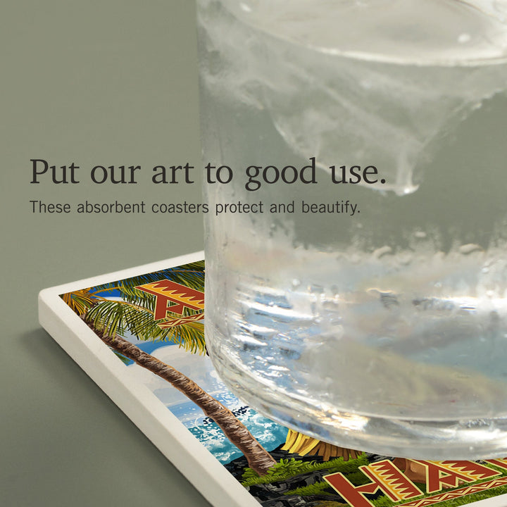 Hula Girl on Coast, Aloha Hawaii, Coasters Coasters Lantern Press