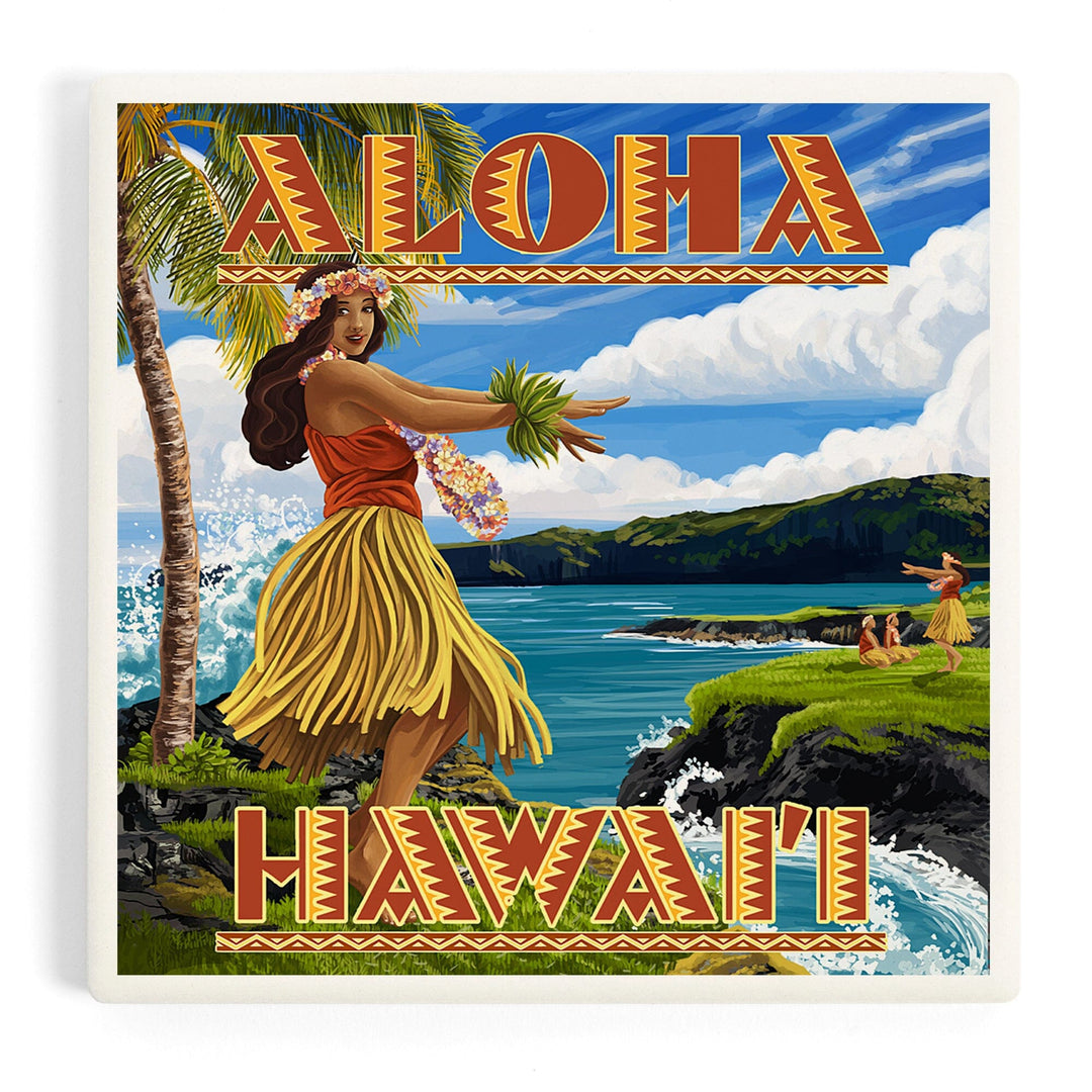 Hula Girl on Coast, Aloha Hawaii, Coasters Coasters Lantern Press