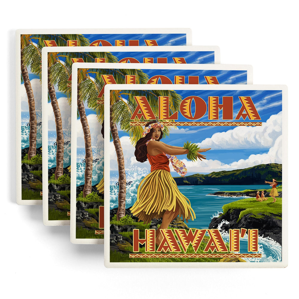 Hula Girl on Coast, Aloha Hawaii, Coasters Coasters Lantern Press
