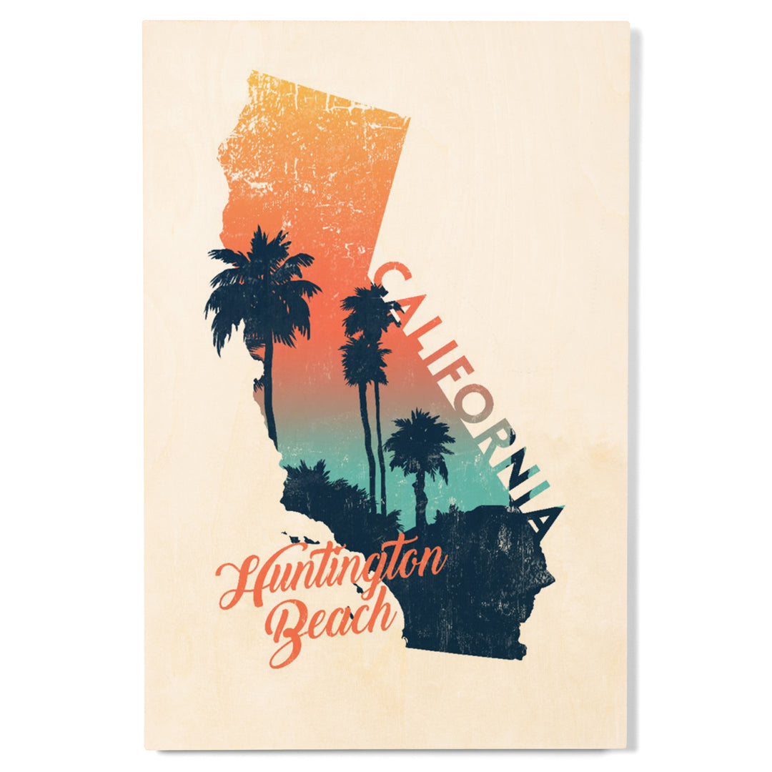 Huntington Beach, California, State Abstract, Palm Scene, Wood Signs and Postcards Wood Lantern Press