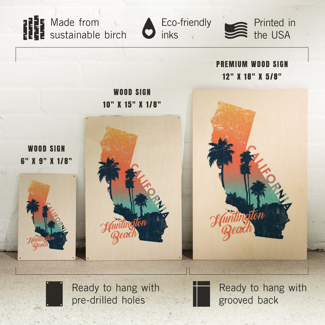 Huntington Beach, California, State Abstract, Palm Scene, Wood Signs and Postcards Wood Lantern Press