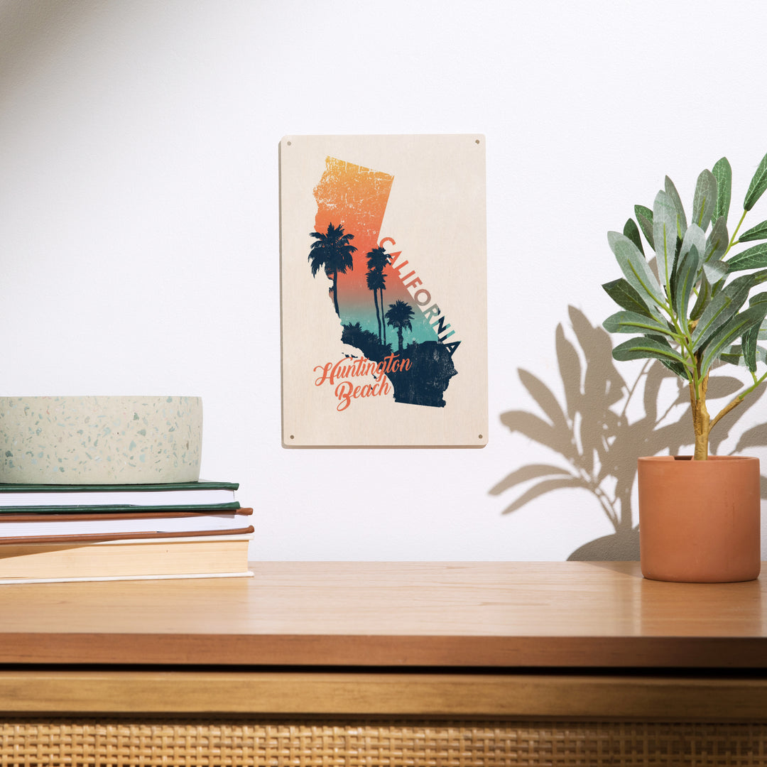 Huntington Beach, California, State Abstract, Palm Scene, Wood Signs and Postcards Wood Lantern Press