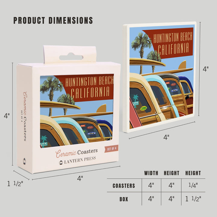 Huntington Beach, California, Woodies Lined Up, Coasters Coasters Lantern Press