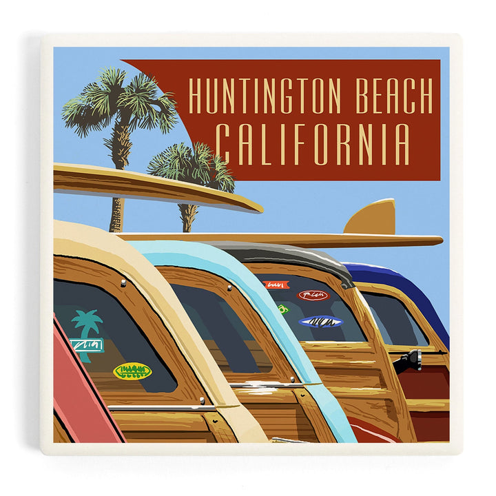 Huntington Beach, California, Woodies Lined Up, Coasters Coasters Lantern Press