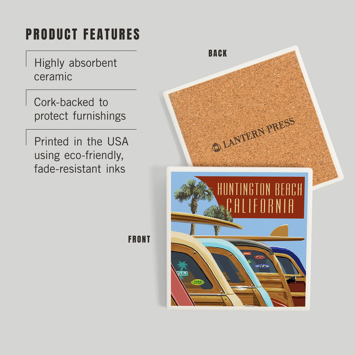 Huntington Beach, California, Woodies Lined Up, Coasters Coasters Lantern Press