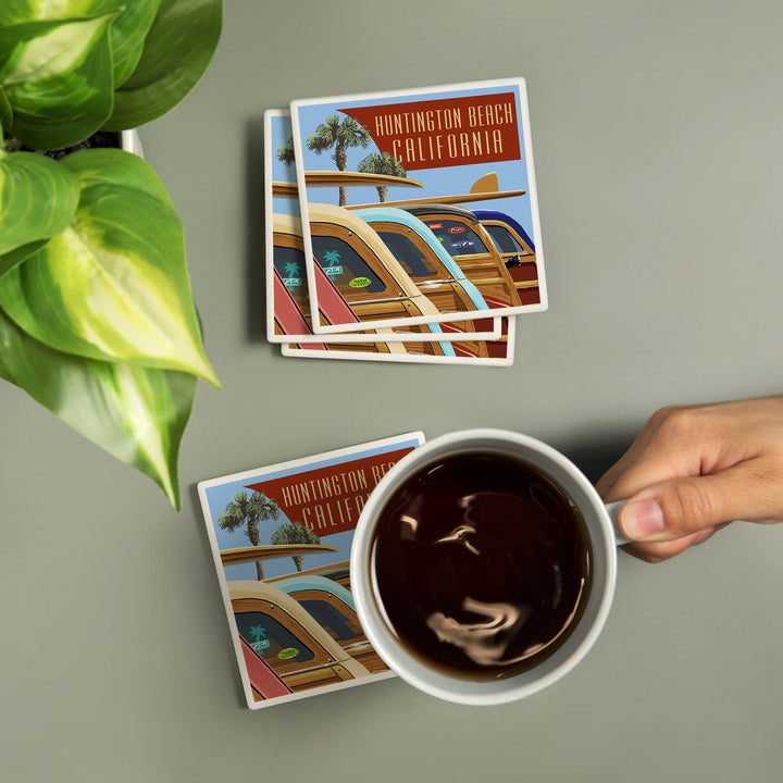 Huntington Beach, California, Woodies Lined Up, Coasters Coasters Lantern Press