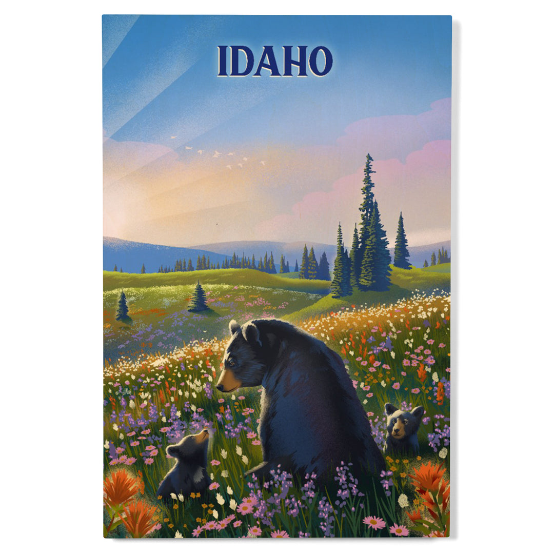 Idaho, Lithograph, Bear Family in Field, Wood Signs and Postcards Wood Lantern Press