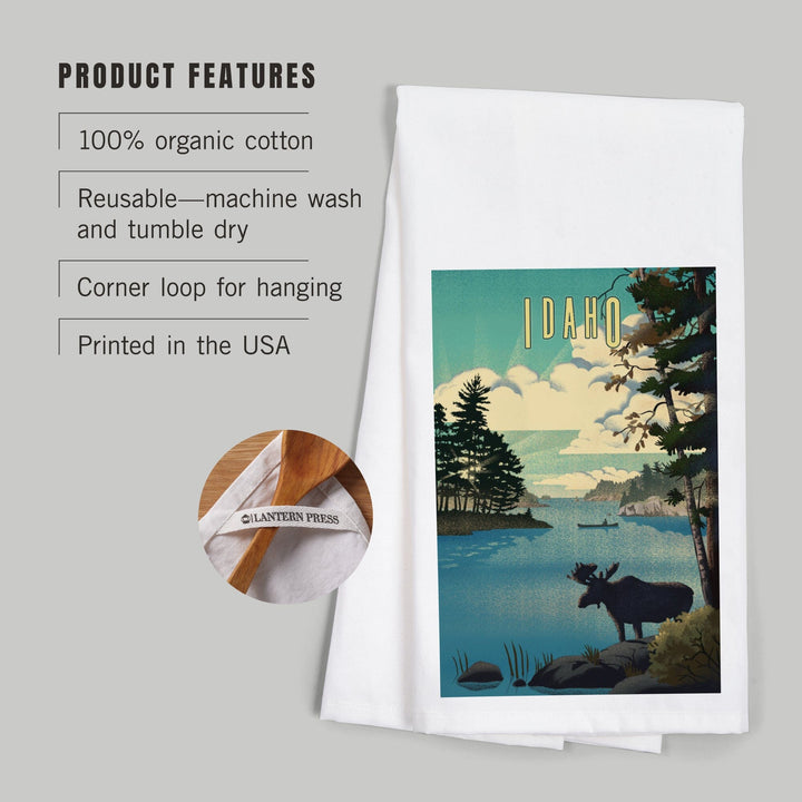 Idaho, Moose and Lake Lithograph, Organic Cotton Kitchen Tea Towels Kitchen Lantern Press